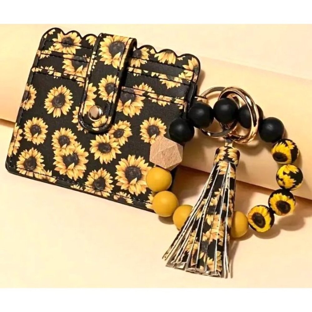 Sunflower Print Card Holder & Tassel Keychain Bracelet